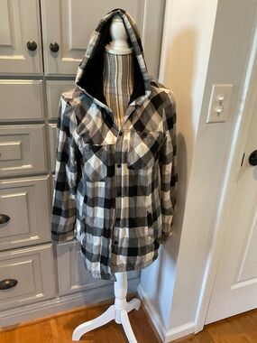 Eddie Bauer Long Sleeve Black and White Plaid Hooded Flannel Shacket, Size M